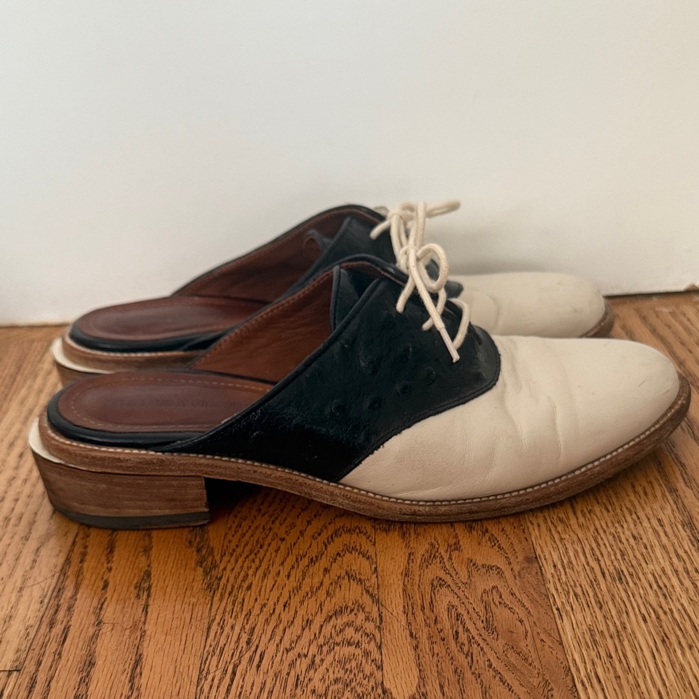Band Of Outsiders Black/White Oxford Loafer Mules Stacked Saddle Leather Size 8 - Picture 3 of 8